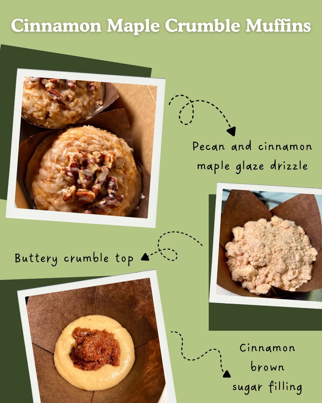 Cinnamon Maple Crumble Muffins with promo description on a green background