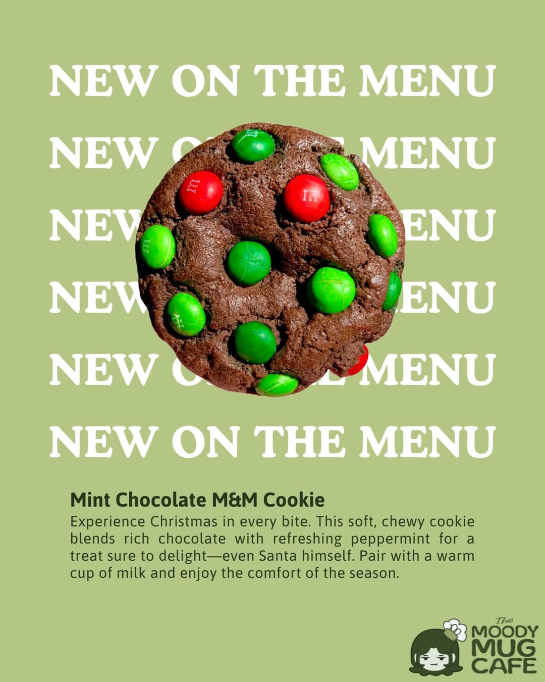 Promotional image of a Mint Chocolate M&M Cookie with text about the new menu item on a green background.