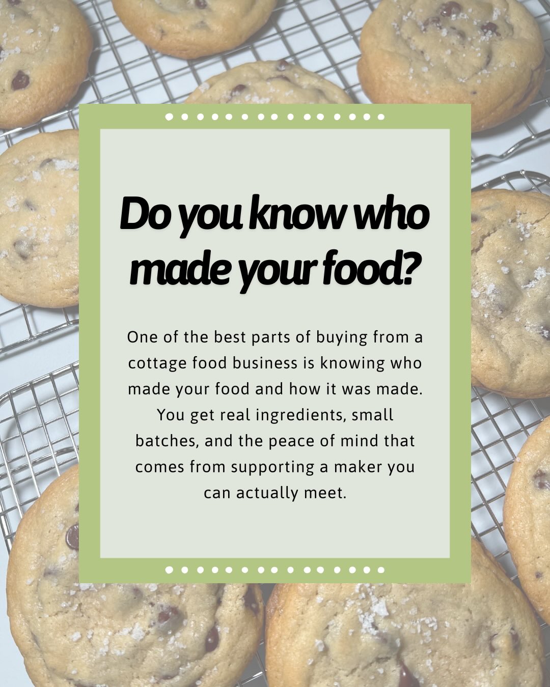 Cookies on a cooling rack with text about cottage food businesses and ingredient transparency.