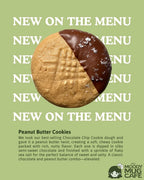 Peanut butter cookie with chocolate-dipped top on a green background with 'New on the Menu' text.